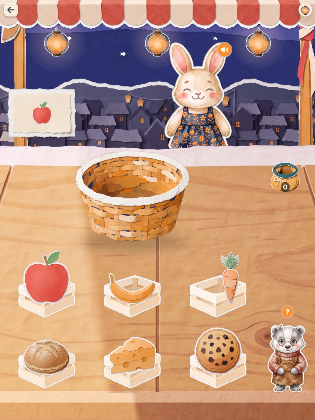 Counting apples into a basket at the produce stall in LumiNest: Kids Math